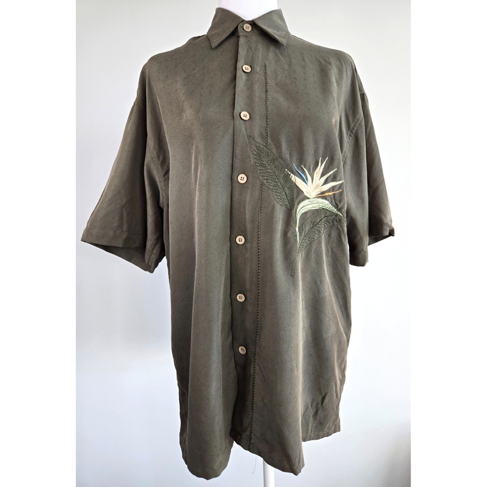 Bamboo Cay Camp Shirt Forest Green Emboidery Hawaiian Short Sleeves M Sz Small - Picture 5 of 12